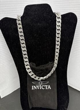 Invicta Elements Mens Iced Out Cuban Chain Necklace Silver Tone Bling 80861 NWT